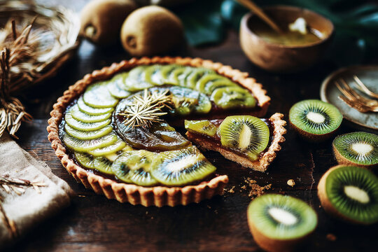 A kiwi and mint pie is placed on a brown plate. It is topped with thin slices of kiwi, cookie pieces, micro herbs, and a green foam sauce. The scene shows a cafe setting with soft lighting