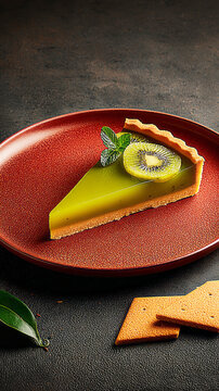 A round kiwi and mint pie sits on a black plate. Thin slices of cookie accompany the pie. Fresh kiwis are placed nearby. The setting is simple and modern, focusing on the dessert