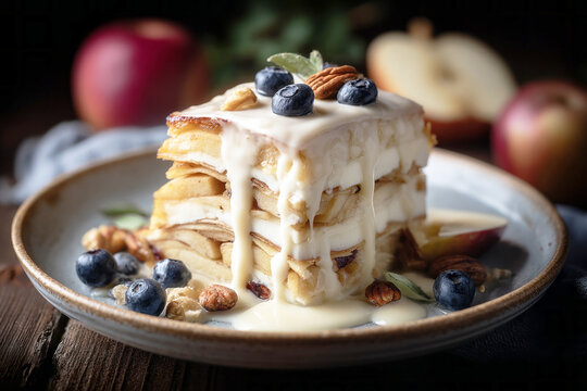 Layered apple pie sits on a wooden table. The pie shows layers of dough and fruit. Soft shadows and highlights appear from natural light