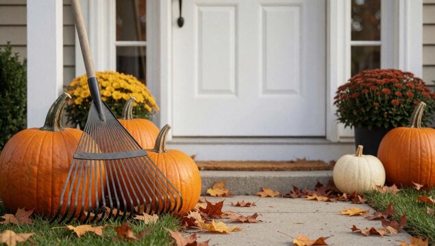 Front porch house decorated fall there several pumpkins different sizes colors scattered ground door left side