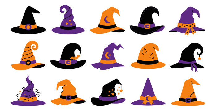 Various halloween witch hats assortment graphic icons set featuring magical headwear styles in purple orange black colors vector illustration halloween collection