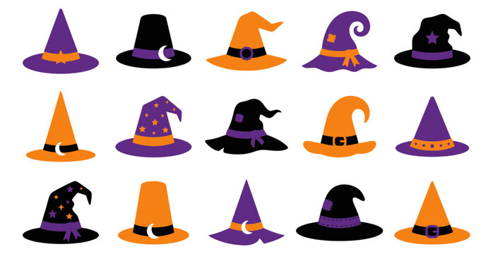 Collection of halloween witch hats in various designs colors shapes decorated with stars buckles patches isolated white background vector illustration, halloween