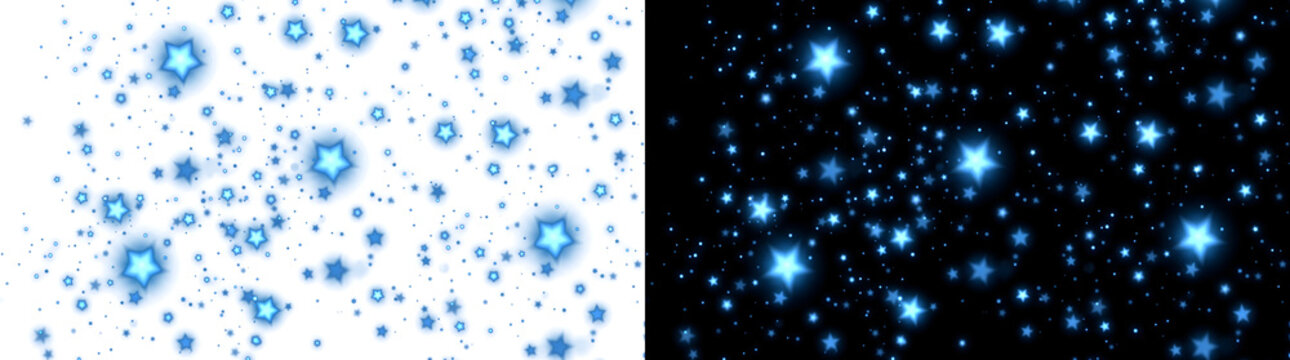 Blue glowing stars scatter across a dark night sky with soft twinkling light, ideal for magical themed designs, offered in PNG, Transparent and Black Background Versions