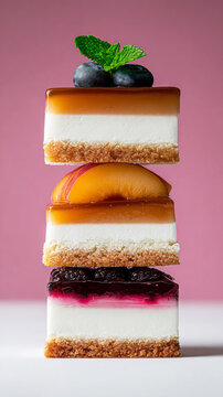 A dessert features three layers with caramel at the bottom, vanilla cream in the middle, and fruit on top. The layers are clear and distinct. The setting has good light