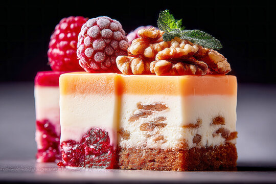 This dessert features a pie with three clear layers of caramel, vanilla cream, and fresh fruit on top. It is placed on a plain surface, ready to be enjoyed during a gathering