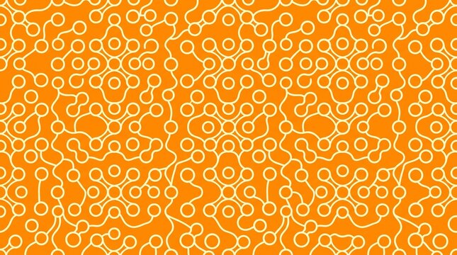 Abstract circuit pattern features connected nodes over a bright orange background.