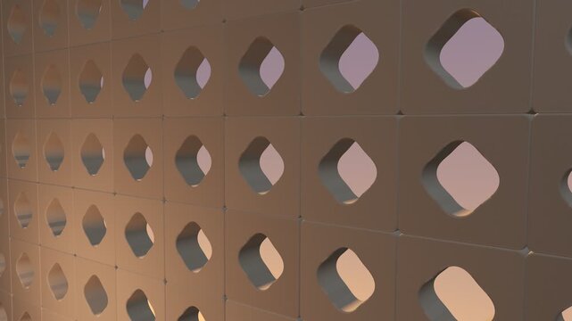 Sunset light glowing through a modernist cobogo breeze block concrete screen wall, seamless loop
