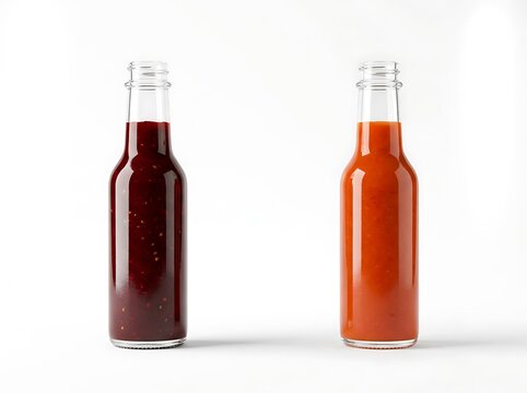 A hot sauce battle featuring two glass bottles with dark red and orange spicy condiments on a clean white background