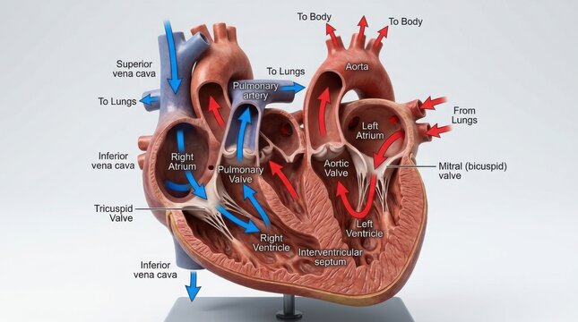 Human heart anatomy diagram with blood flow illustration
