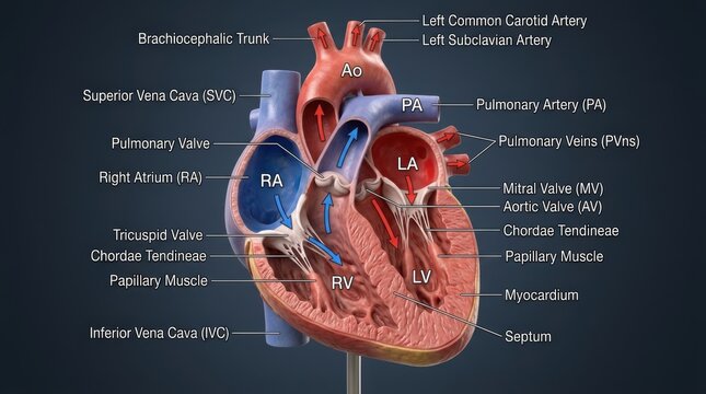 Human heart anatomy diagram with labeled parts illustration