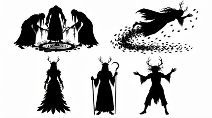 Fototapeta premium Fantasy druid and forest witch silhouettes performing mystical rituals. Characters feature antlers, robes, and staves on a white background. Nature magic concept for RPG games and book covers.