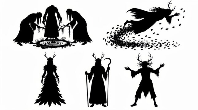 Fantasy druid and forest witch silhouettes performing mystical rituals. Characters feature antlers, robes, and staves on a white background. Nature magic concept for RPG games and book covers.