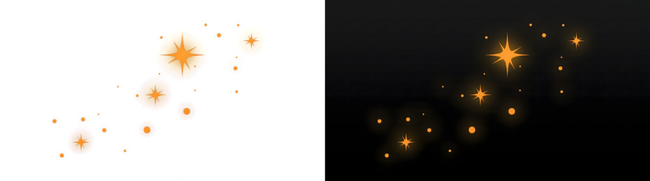 Orange sparkle stars and glowing dots scatter diagonally across a dark backdrop, ideal for magical celebration designs, offered in PNG, Transparent and Black Background Versions