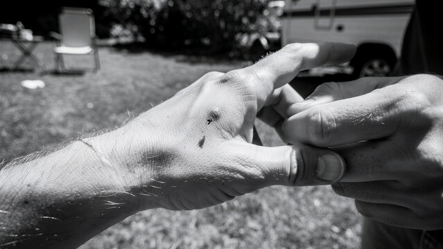 Person examining tick on man's hand outdoors. Close-up of insect bite and skin irritation at campsite. Lyme disease prevention concept for medical and outdoor safety marketing.