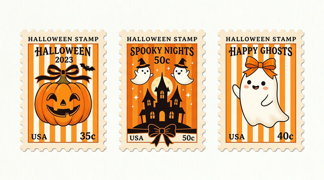 Three vintage halloween postage stamps featuring jack o lanterns and ghosts