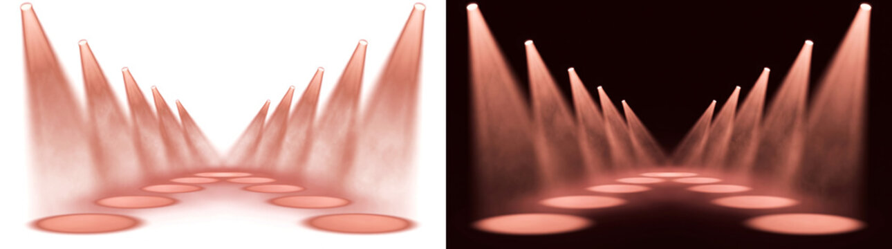 Pink stage spotlights beam down in rows illuminating the floor with soft light pools, ideal for concert stage designs, offered in PNG, Transparent and Black Background Versions