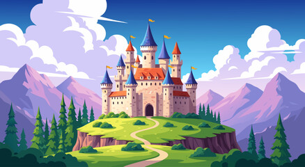 Fototapeta premium A Magical Fairy Tale Castle Standing Atop a Grassy Hill in a Fairytale Kingdom Landscape Digital Illustration for Storybook Visuals and Fantasy Concepts