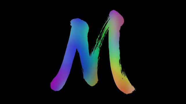 Uppercase letters "M" featuring brush-stroke lettering with colorful, abstract patterns, alpha channel, loop