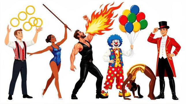 Diverse group of circus performers including a ringmaster, fire breather, and clown on white. Illustration features a juggler and acrobat in vibrant costumes. Carnival talent show concept.