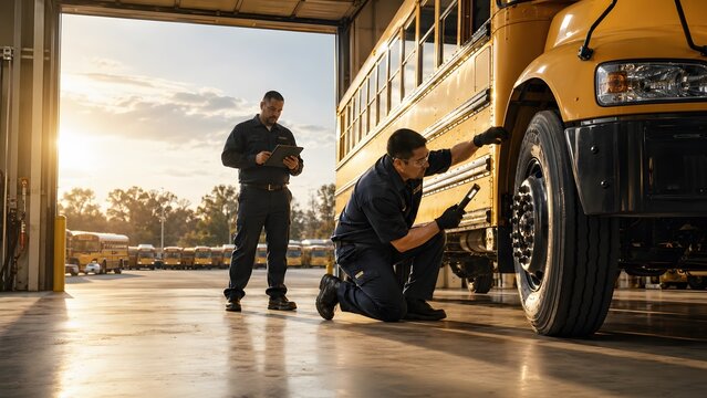 Truck mechanic inspecting wheel and tire on heavy vehicle inside service garage, commercial fleet maintenance, automotive repair, transportation safety, workshop service and mechanical engineering