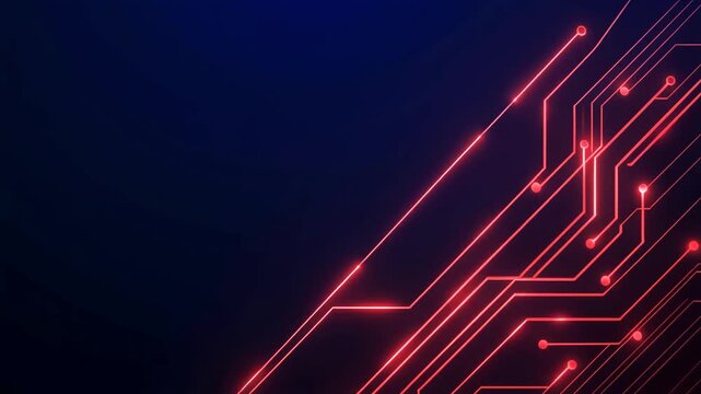 Printed circuit board artwork displaying glowing red electrical pathways and connection nodes across a dark blue background suitable for microchip tech concepts.
