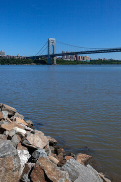 The George Washington Bridge and Little Red Lighthouse over the Hudson River in New York City