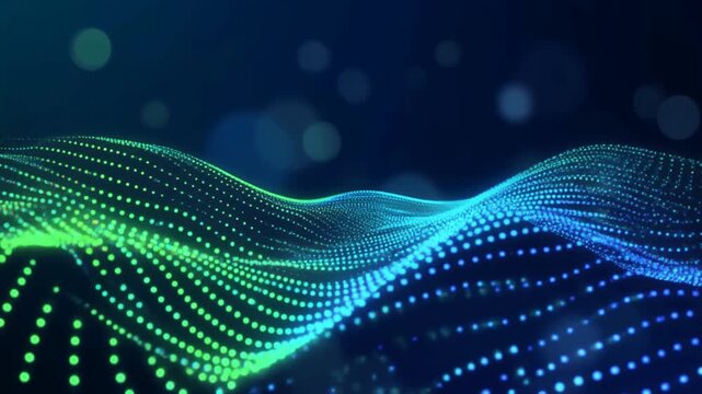 Futuristic Digital Background with Glowing Neon Green and Blue Dotted Lines Forming Abstract Motion