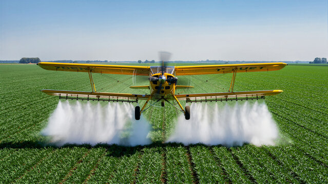 Yellow crop duster plane spraying chemicals over a lush green farm field. Agricultural aircraft performing aerial application for pest control. Agribusiness concept for industrial farming themes.