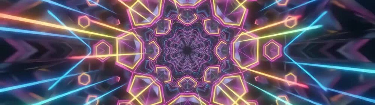 Symmetrical light patterns forming a futuristic geometric portal creating an optical illusion and a sense of depth.