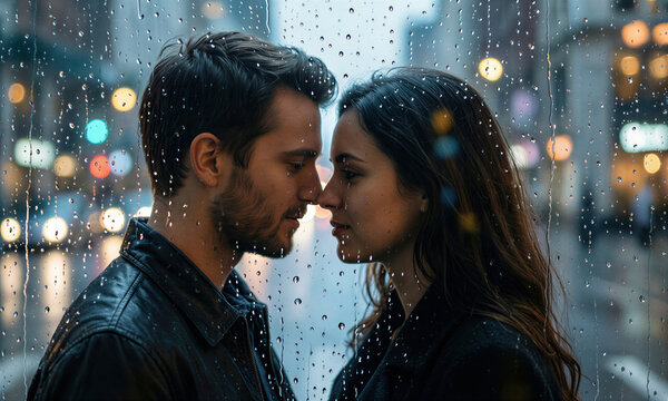 Minimalist photo of reflection in rainy window with soft city lights, water droplets, and emotional atmosphere of intimate urban connection