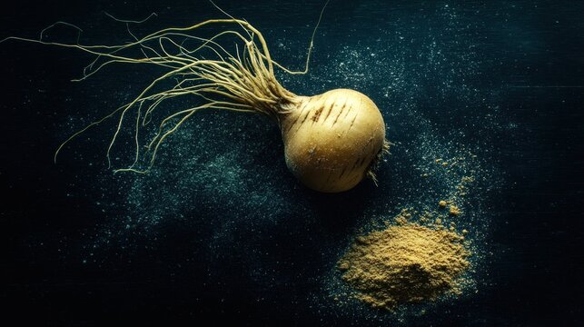 Maca root and powder on dark background