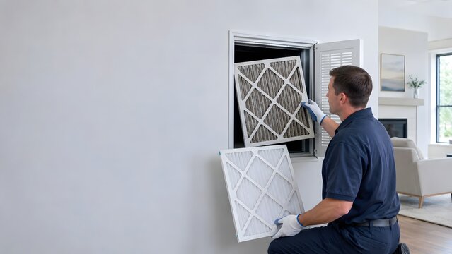 HVAC technician replacing air filter in residential ventilation system, indoor air quality maintenance, heating and cooling service, home energy efficiency, repair and preventive maintenance