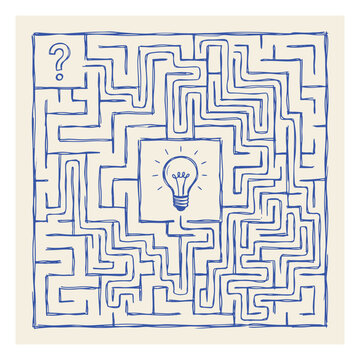Blue hand drawn maze puzzle with light bulb idea concept in center and question mark question labyrinth solution handdrawn thinking brainstorm innovation creativity strategy challenge