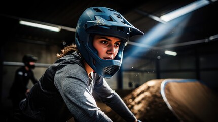 Fototapeta premium Female mountain biker wearing a full-face helmet in an indoor park. Determined athlete preparing for a race on a dirt pump track. Extreme sports concept, ideal for fitness and adventure marketing.