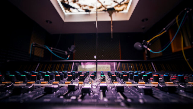 Water dripping from a ceiling leak onto a professional audio mixing console. Liquid splashing on sound board faders in a recording studio. Equipment damage concept for insurance and tech repair.