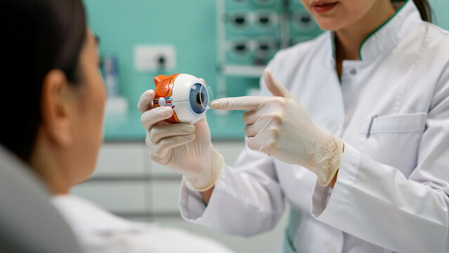 Ophthalmologist holding eye model and contact lens for patient. Optometrist explaining vision correction in medical clinic. Healthcare education concept, ideal for optical and medical marketing.