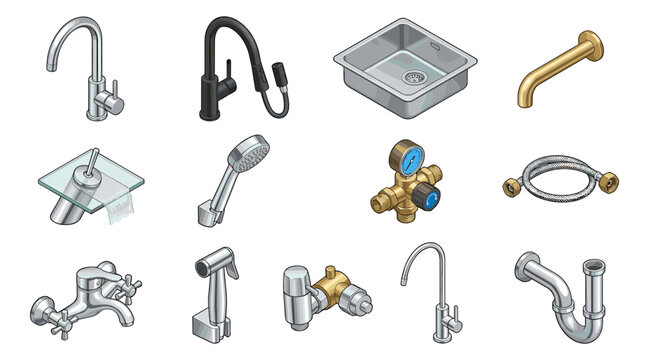 Isometric Bathroom and Kitchen Faucet Vector Icon Set with Luxury Taps Shower Heads Sinks Valves and Plumbing Hardware Fixtures for Modern Interior Architecture Illustrations