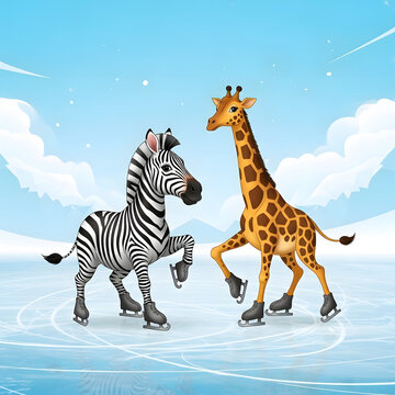 Zebra and giraffe standing together in a snowy landscape.