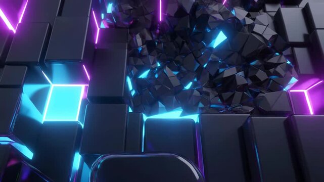 Cube wall shattering in dark 3D space reveals glowing neon cyan and purple backlight elements creating a dramatic cyber sci-fi background for digital media.