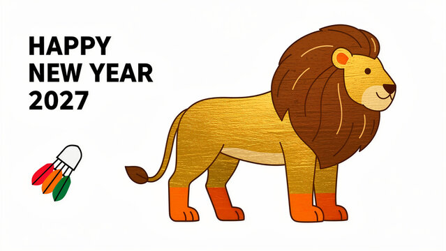 Golden lion with colorful shuttlecock for Happy New Year 2027. Stylized animal mascot on white background for holiday cards. Festive greeting concept ideal for marketing and calendar design.