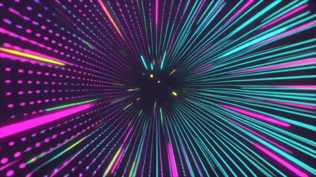 Light beams burst outward from a dark central focal point creating a vibrant hyperdrive tunnel effect filled with colorful neon lines and glowing dotted motion trails.