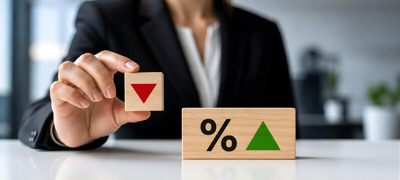 Hand Placing Wooden Block with Percentage Symbol and Arrow Indicators Financial Concept