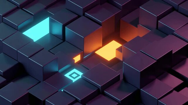 Cube grid abstract background features illuminated cyan and orange glowing blocks amidst dark three dimensional geometric structures creating a modern digital concept.