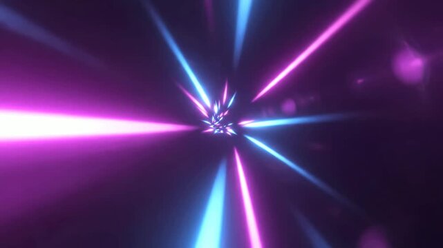 Light beams in purple and blue shades radiate intensely from a central focal point to evoke the sensation of high-speed travel through a cosmic vortex.