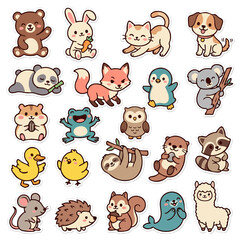 Naklejka premium Kawaii animal sticker set with cute forest and zoo creatures in vector illustration style