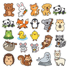 Naklejka premium Kawaii animal sticker set with cute forest and zoo creatures in vector illustration style