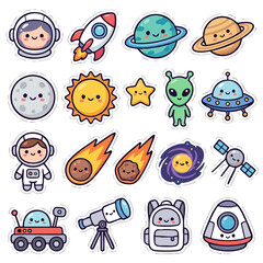 Fototapeta premium Cute Space Sticker Bundle Vector Illustration with Planets Astronauts and Rocket Icons