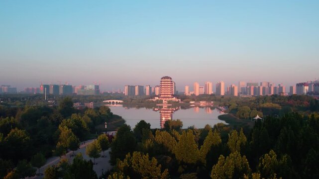 A distant urban skyline with a prominent tower is framed by dense green trees under a clear light blue sky at early morning.