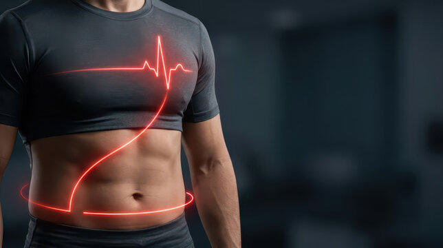 Metabolic syndrome concept with glowing heartbeat line around male torso suggests cardiovascular health, abdominal fat, fitness assessment and preventive medical care