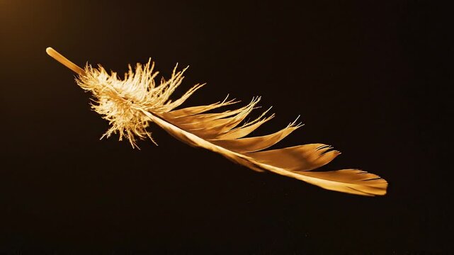 Golden feather floating elegantly in dark cinematic space, glowing light effect, macro detail background